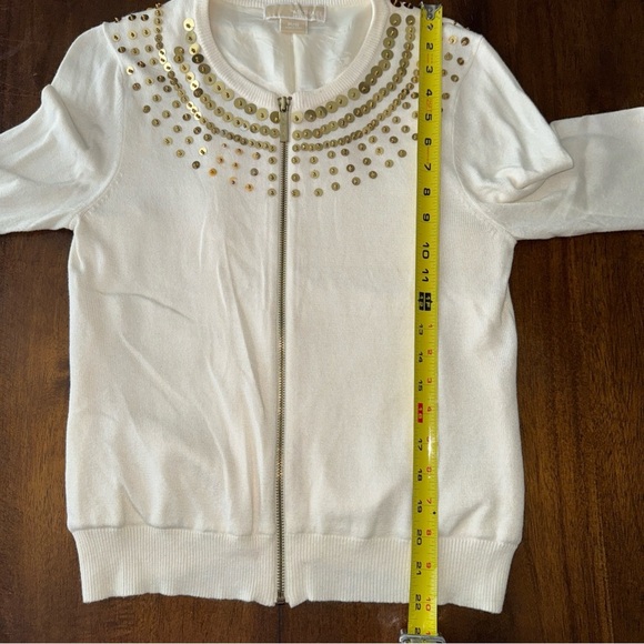 Michael Kors Cardigan Sweater Gold Sequin Cream Cotton Lined Zip Front S / P - Picture 8 of 11